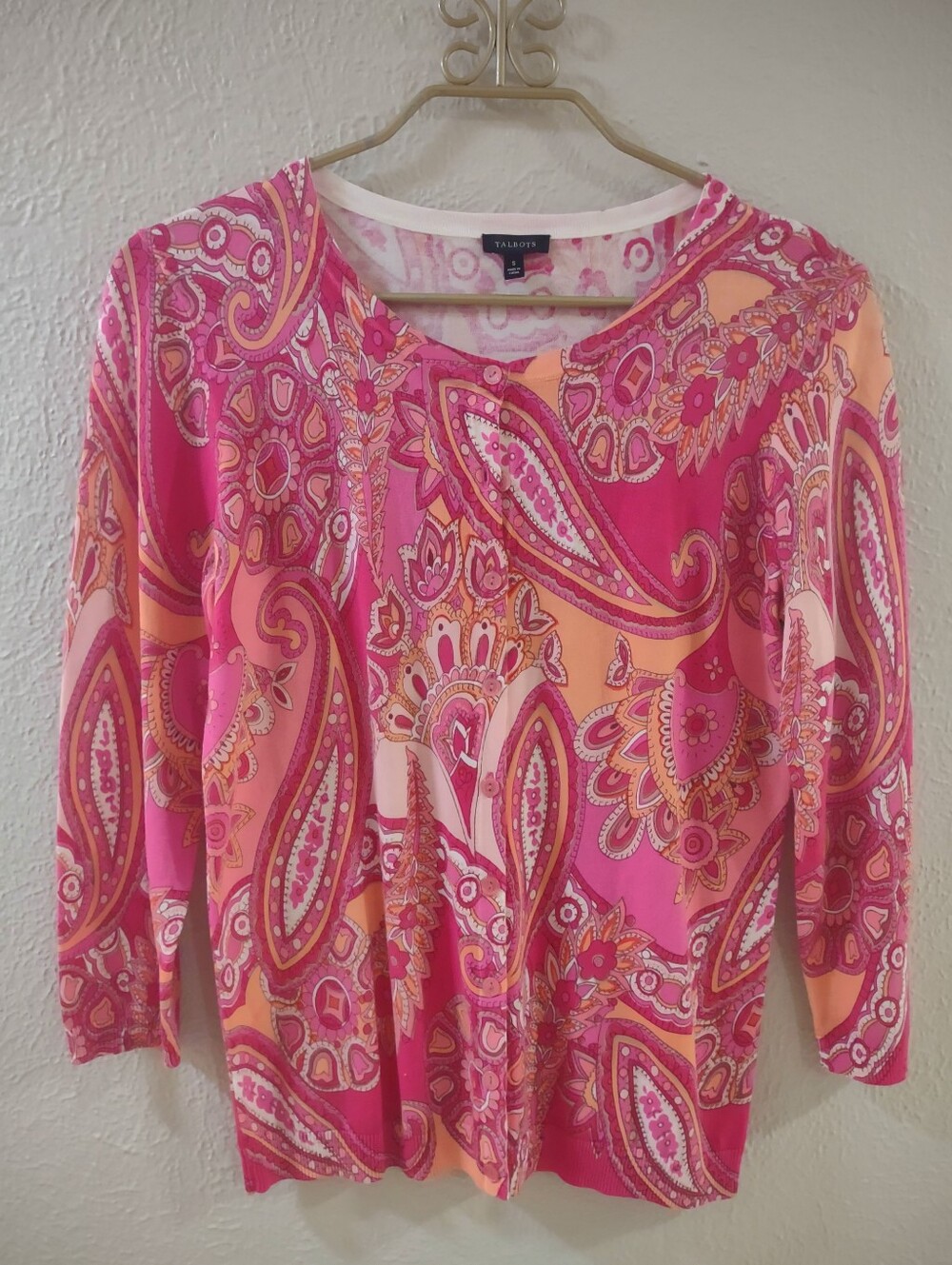 Talbots Women's Small Paisley Button-Front Long-Sleeve Cardigan Sweater.